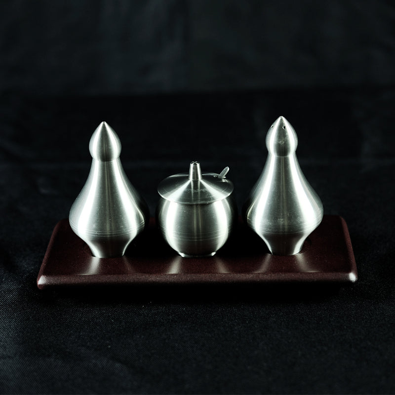 Pewter Condiment Set With Wooden Base-PW5210T